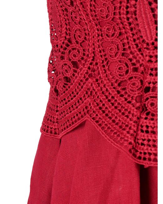 Clips Red Lace Dress Linen Second Fabric Polyester Midi