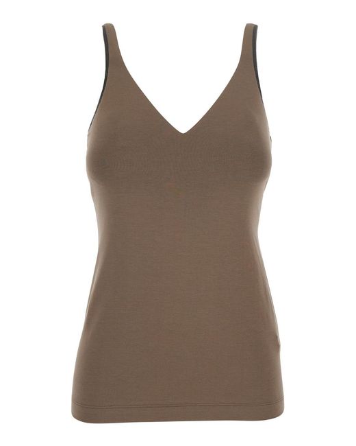 Brunello Cucinelli Brown Top With V-Neck And Monil Strap