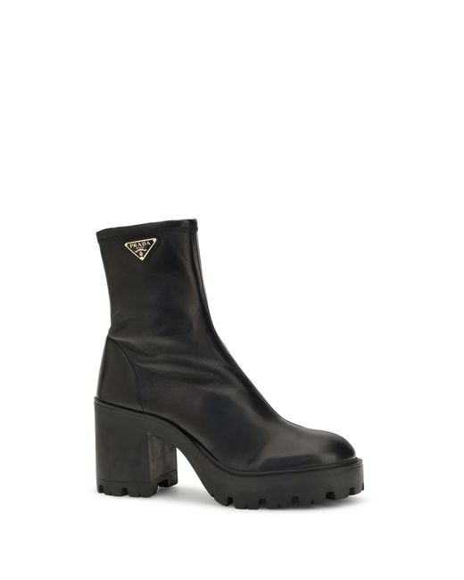 Prada Black Stretch Leather Platform Ankle Boots