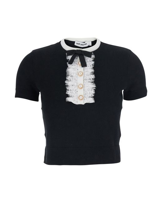 Self-Portrait Black Top With Lace Collar, Wool Tops