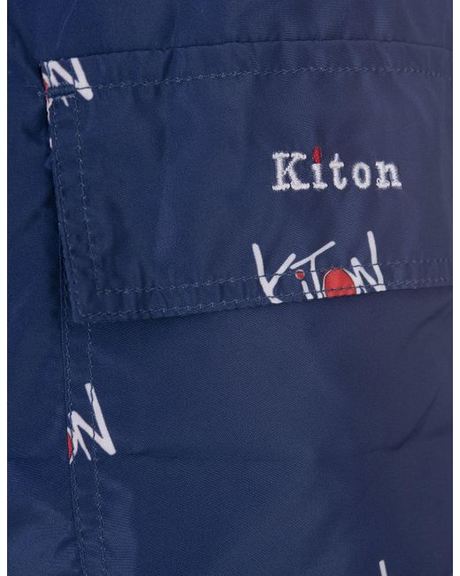 Kiton Blue Navy Swim Shorts With All-over Logo for men