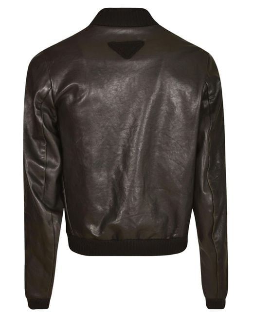 Prada Black Logo Patch Rib Trim Zipped Leather Jacket for men