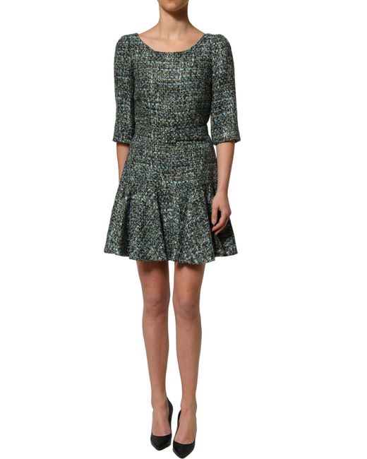 Dolce & Gabbana Green Tweed Belted Babydoll Mini Dress Acrylic Wool Polyester Nylon