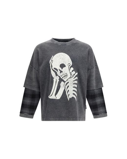Palm Angels Gray Skull Double Long-Sleeved Shirt Cotton; Elastane T-Shirts for men