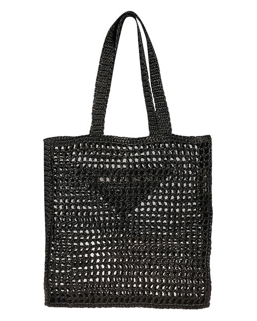 Prada Black Logo Detail Raffia Shopper Bag for men