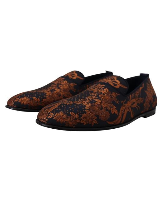 Dolce & Gabbana Black Rust Floral Slippers Loafers Shoes Cotton for men