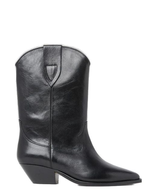 Isabel Marant Black Premium Leather Pointed Toe Block Heel Ankle Boots.