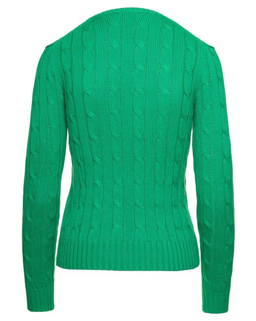 Ralph Lauren Green Juliana Cable Knit Pullover With Contrasting Embroidered Logo