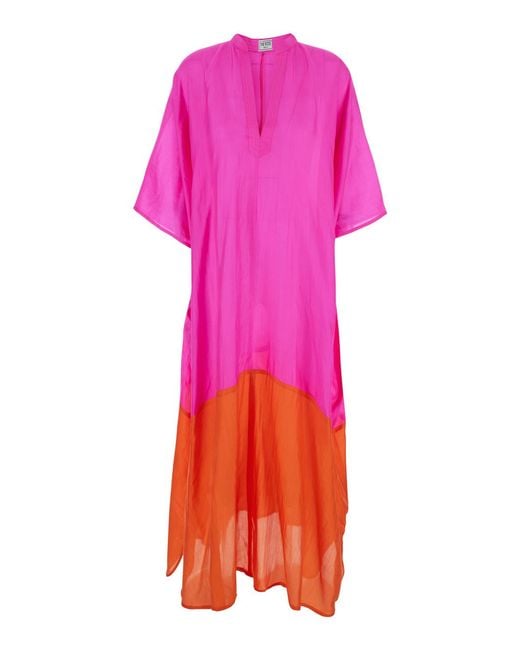 THE ROSE IBIZA Pink Kaftan Two Tone With V-Neck Fuchsia Fabric For Beachwear
