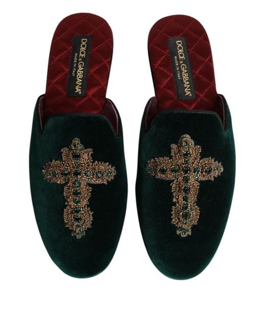 Dolce & Gabbana Green Velvet Cross Embellished Slippers Shoes for men