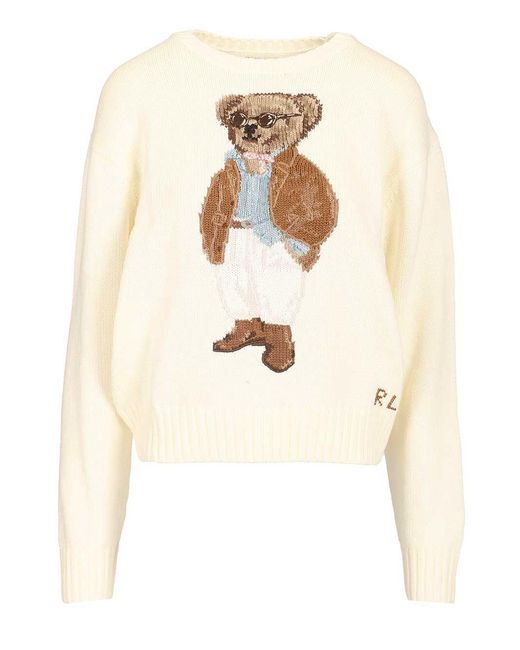 Polo Ralph Lauren Natural Polo Bear Cotton Pullover With Inlays Knitwear