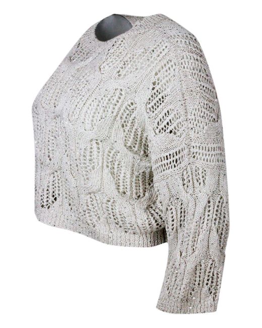 Antonelli Gray Long-Sleeved Crew-Neck Sweater With Braided Workmanship Embellished With Cotton And Linen Microsequins