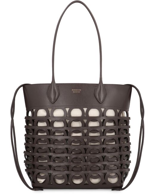 Ferragamo Black Tote Bag Gancini M Calf Leather; Lining: Linen