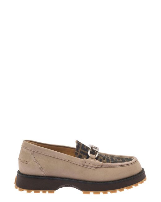 Fendi Brown Olock Nubuck Loafers With Logo Motif In Calf Leather And Cotton for men