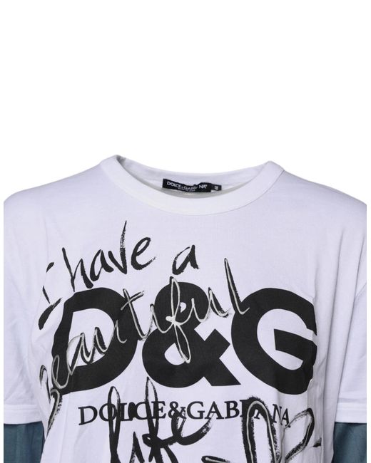 Dolce & Gabbana Blue White Graphic Print Cotton Crew Neck T for men