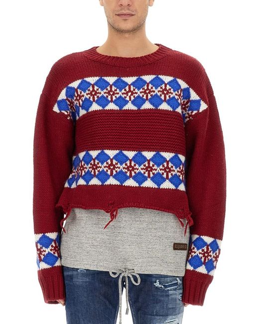DSquared² Red Jacquard Knit Sweater Wool Jumpers for men