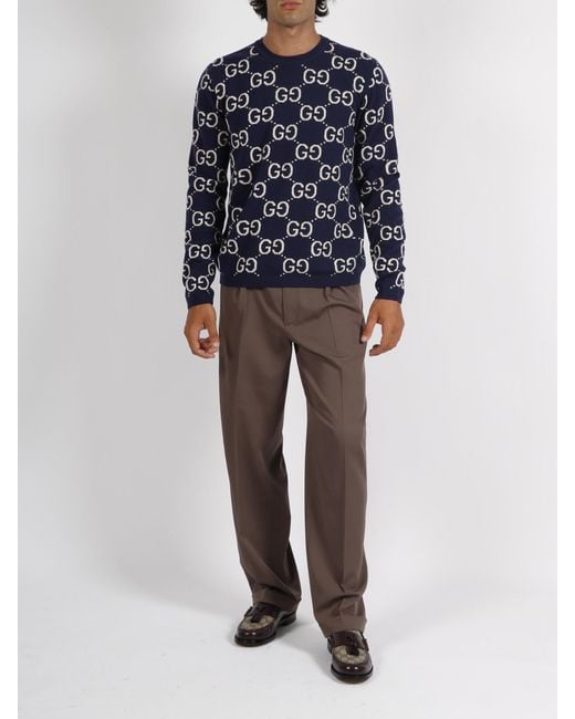 Gucci Blue Monogram-pattern Ribbed-trim Wool Jumper for men