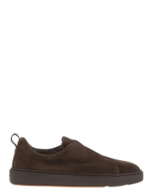 Santoni Brown Suede Slip-On Trainer for men