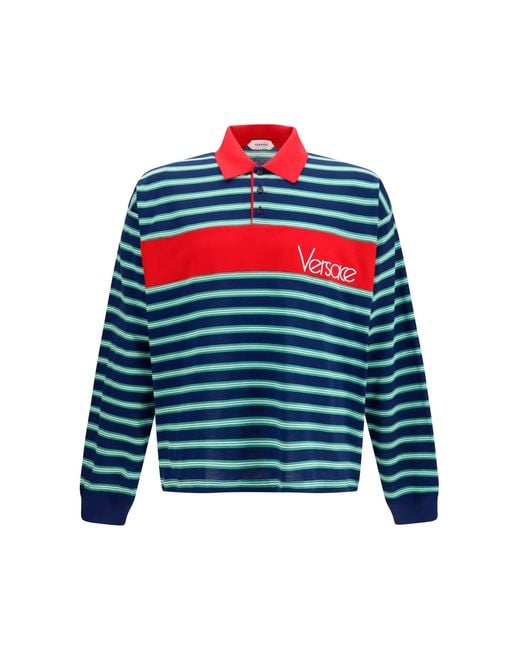 Versace Blue Striped Cotton Polo Shirts for men