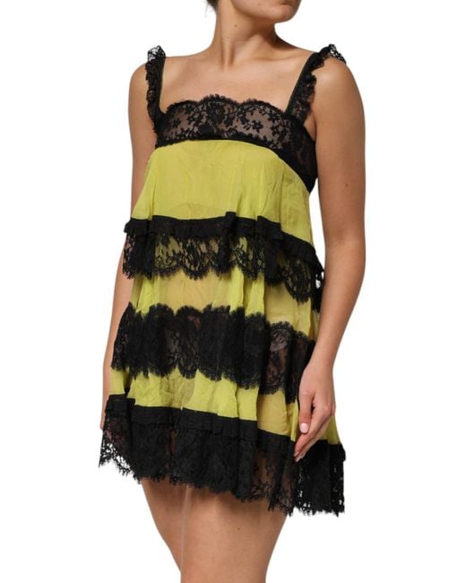 Dolce & Gabbana Green Tiered Lace Trim Dress