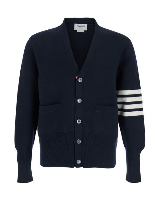 Thom Browne Blue Cardigan With V Neck And Striped Detail On The Sleeve for men