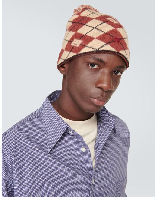 Acne Red Argyle Face Wool Blend Beanie for men
