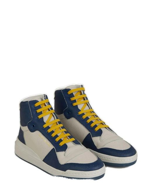 Saint Laurent Blue Calf Leather Mid Top Sneakers for men