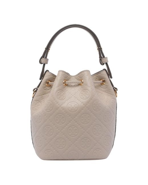 Tory Burch Gray Mini T Monogram Pebble Bucket Bag