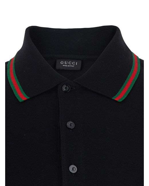 Gucci Black Polo Shirt Web Collar Cotton T-Shirts for men