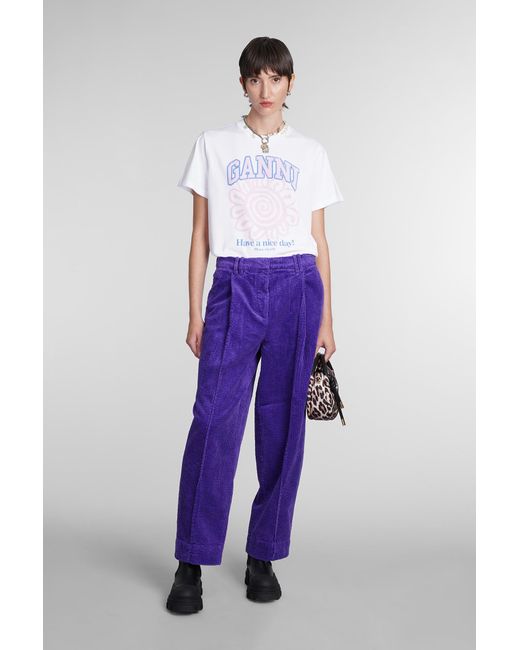 Ganni Purple Pants In Viola Cotton