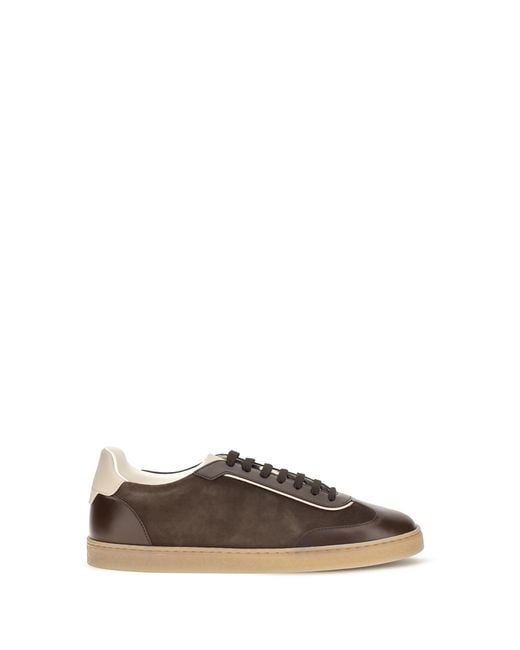 Brunello Cucinelli Brown Leather Sneakers With Suede Details for men