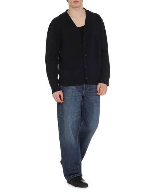 Bottega Veneta Blue Cashmere Cardigan With Leather Details Cardigans for men