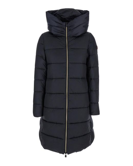 Save The Duck Blue Down Jacket With Fixed Hood And Logo Patch On The Sleeve