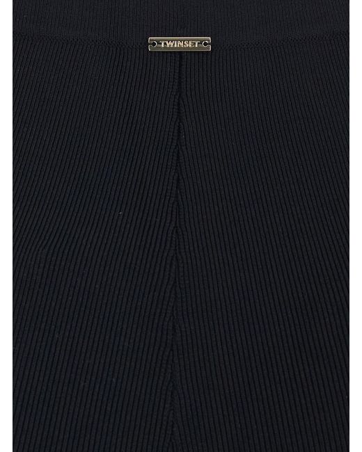 Twinset Blue Ribbed Design Pants For Viscose Polyamide Elastane Trousers