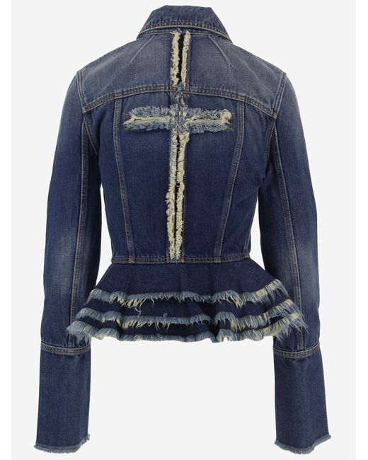 MATIERES FECALES Blue Jacket With Fringed Details Cotton