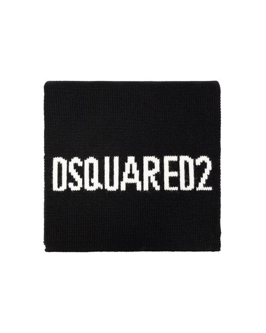 DSquared² Black Logo Intarsia Knit Wool Scarf for men