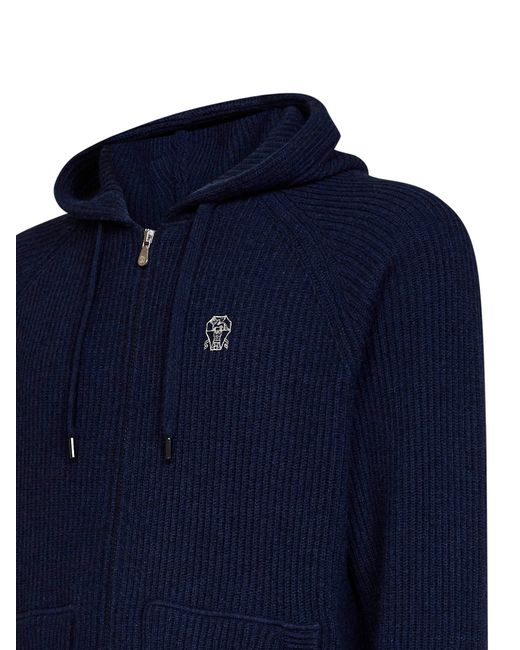 Brunello Cucinelli Blue Cashmere Knit Zip-Up Hoodie for men
