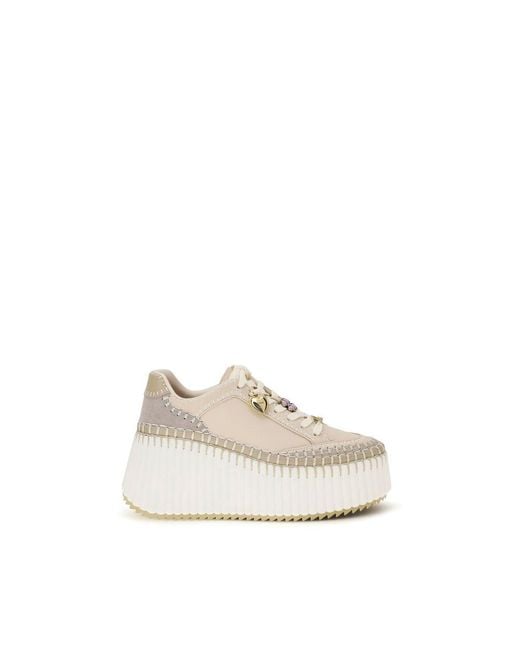 Chloé White Beige Calf Leather Bos Taurus Platform Sneakers