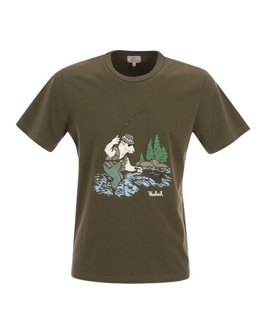 Woolrich Green Pure Cotton T-Shirt With Illustration for men