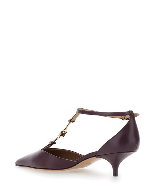 Ferragamo Brown Bordeaux Pumps With T Strap And Low Heel