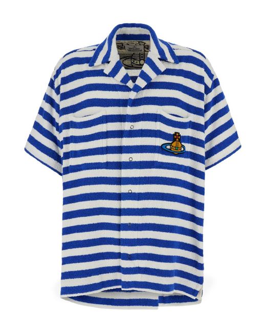 Vivienne Westwood Blue And Striped Bowling Shirt With Orb Embroidery for men