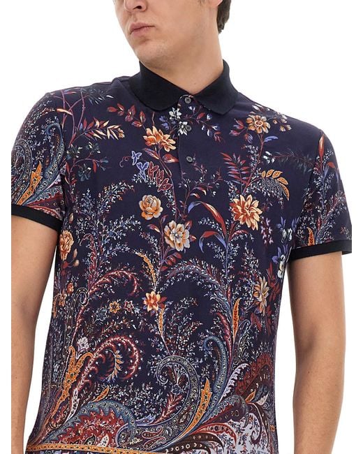 Etro Blue Polo Shirt With Floral Paisley Print for men