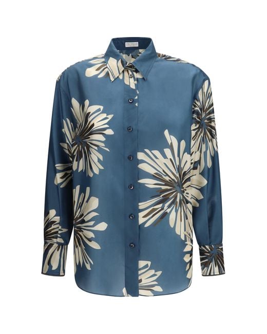 Brunello Cucinelli Blue Floral Silk Shirt