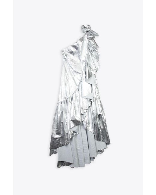 MM6 by Maison Martin Margiela White Abito Midi Metallic Nylon One Shoulder Dress