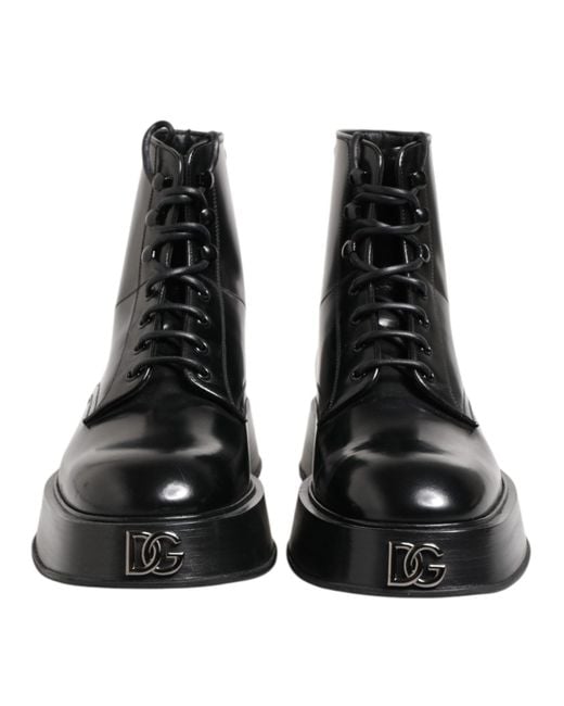 Dolce & Gabbana Black Leather Logo Ankle Boots Lace Up Shoes Calf for men