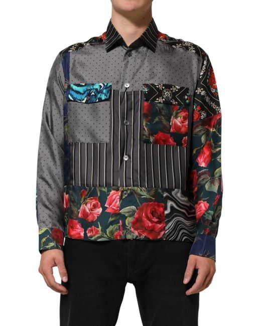 Dolce & Gabbana Black Patchwork Long Sleeves Silk Shirt for men