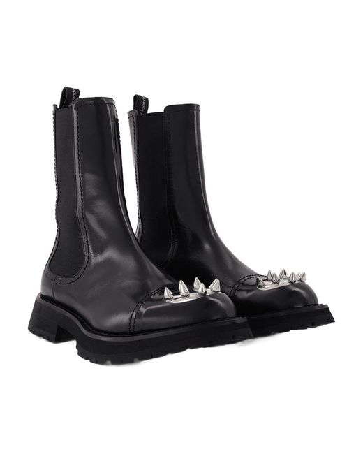 McQueen Black Ankle Boots With Studs Leather Shoes for men
