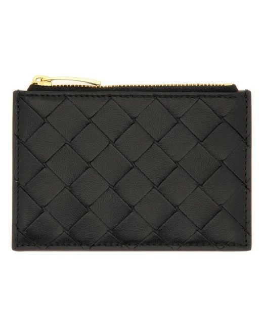 Bottega Veneta Black Card Holder Woven Lambskin Lamb Skin Wallets & Purses