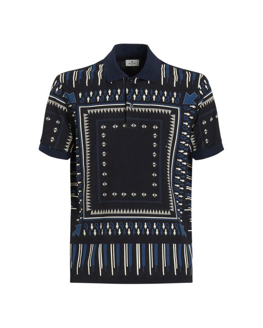 Etro Black Navy Blue Polo Shirt With Geometric Print for men