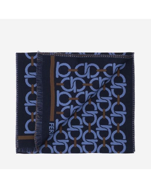 Ferragamo Blue Wool Scarf With Hook Pattern for men